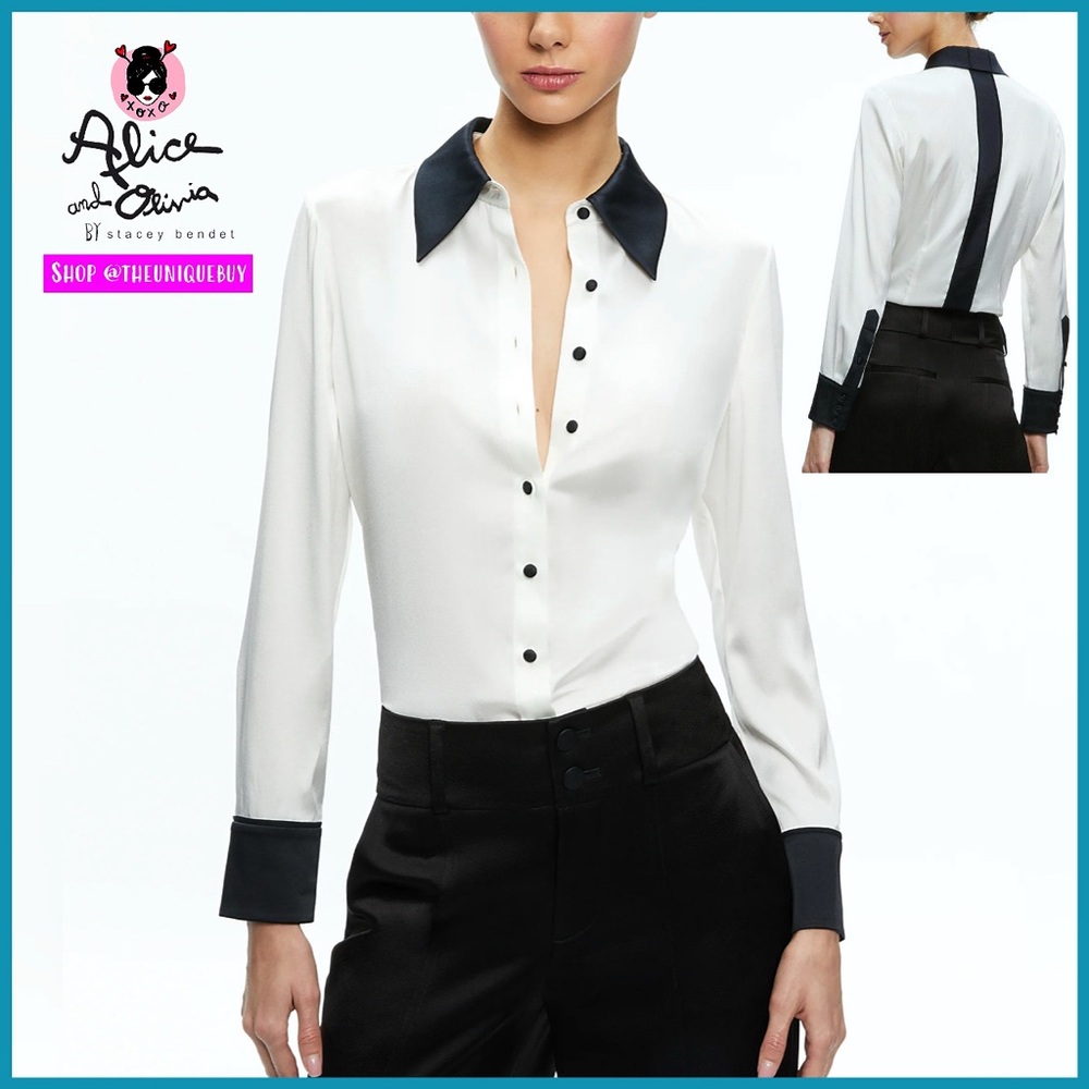 Alice + Olivia Willa Fitted Placket Black White Top